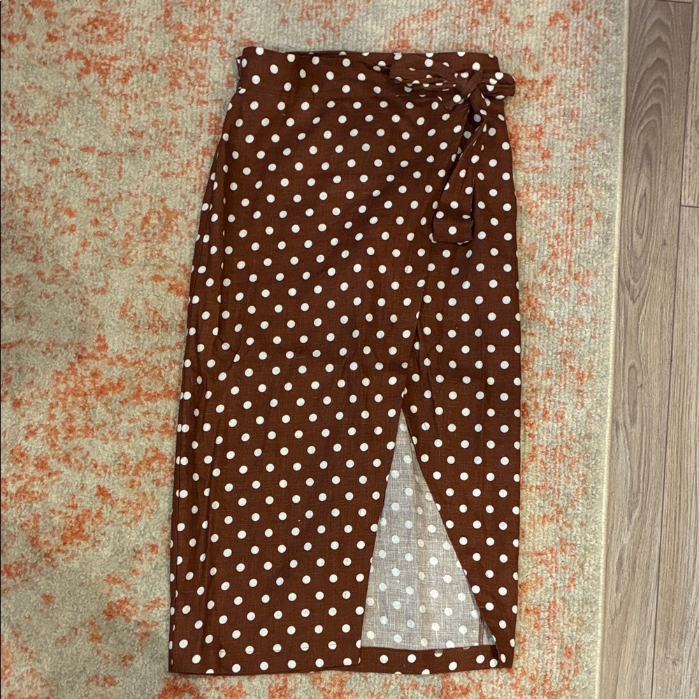 Reformation Brown and White Polka Dot linen Wrap Midi Skirt small